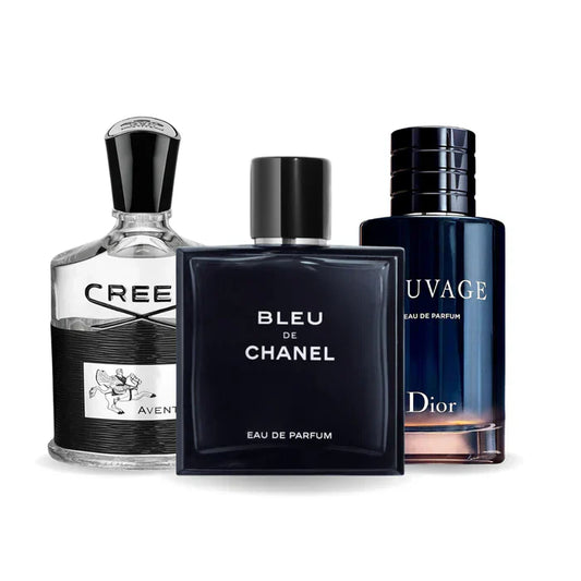 KIT CON 3 PERFUMES: Creed AVENTUS, BLEU DE CHANEL und Dior SAUVAGE – 100ml