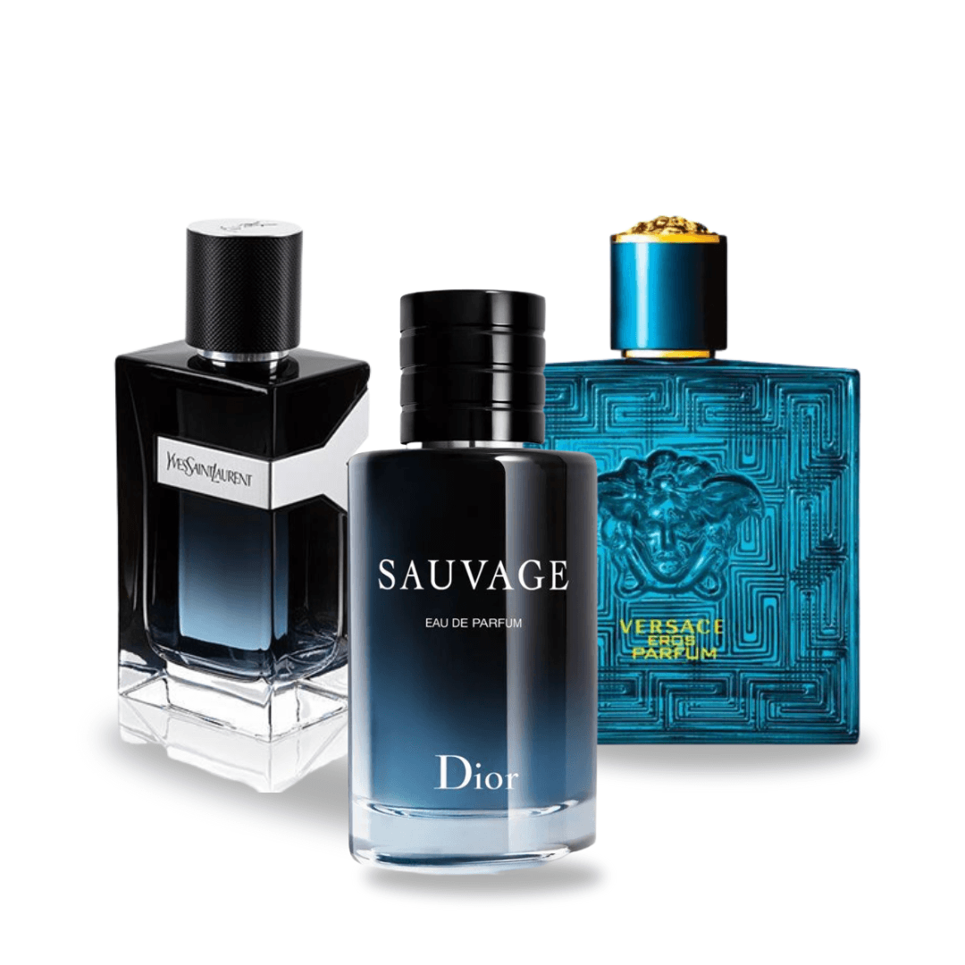 KIT CON 3 PERFUMES: Dior SAUVAGE, Yves Saint Laurent Y MEN, Versace EROS