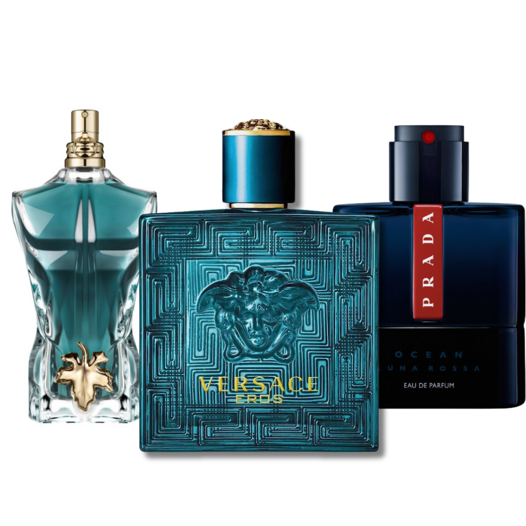 KIT CON 3 PERFUMES: Prada Luna Rossa, Versace Eros, Le Beau (Eau de Parfum)