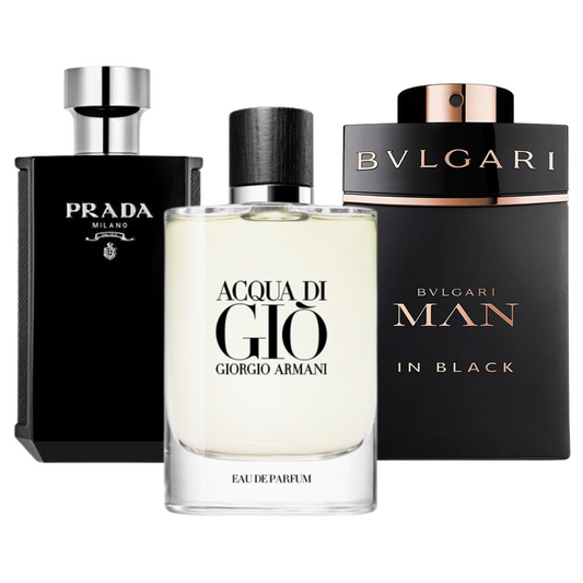 KIT CON 3 PERFUMES: Bvlgari In Black, Giorgio Armani Acqua Di Gio, L'Homme Prada Intense (Eau de Parfum)